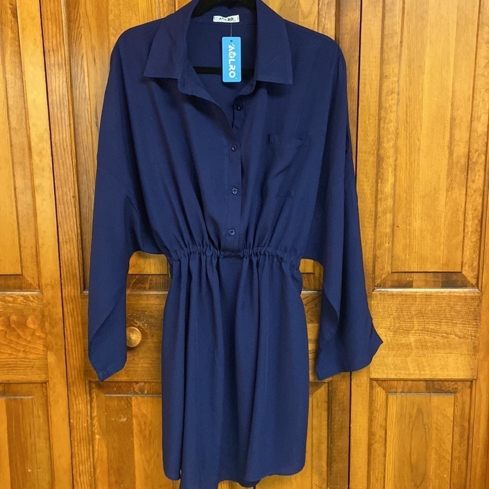 Aolro Rayon Navy Shirt Dress or Swim Coverup Adjustable Waist Round Hem 2XL NWT